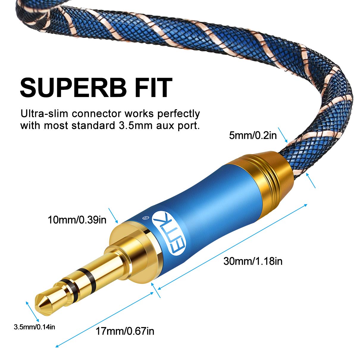 AUX Cable,EMK 3.5mm Nylon Braided Auxiliary Audio Cable [24KGold-Plated,Hi-fi Sound Quality] Tangle-Free AUX Cable for Headphones,Laptop,Phones,Tablets,MP3 Players,Car Stereos and More (3.3ft/1m) - Image 3