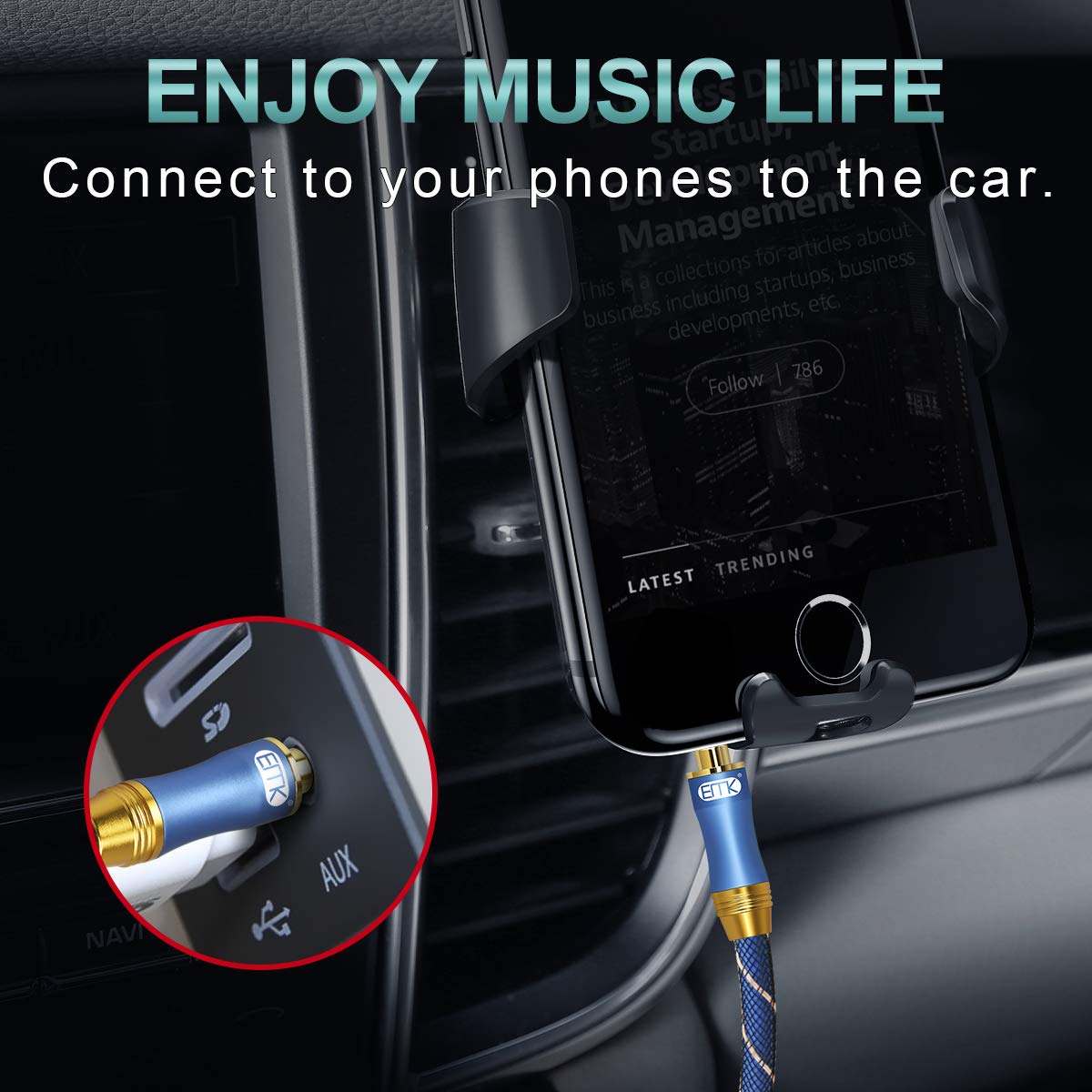 AUX Cable,EMK 3.5mm Nylon Braided Auxiliary Audio Cable [24KGold-Plated,Hi-fi Sound Quality] Tangle-Free AUX Cable for Headphones,Laptop,Phones,Tablets,MP3 Players,Car Stereos and More (3.3ft/1m) - Image 4