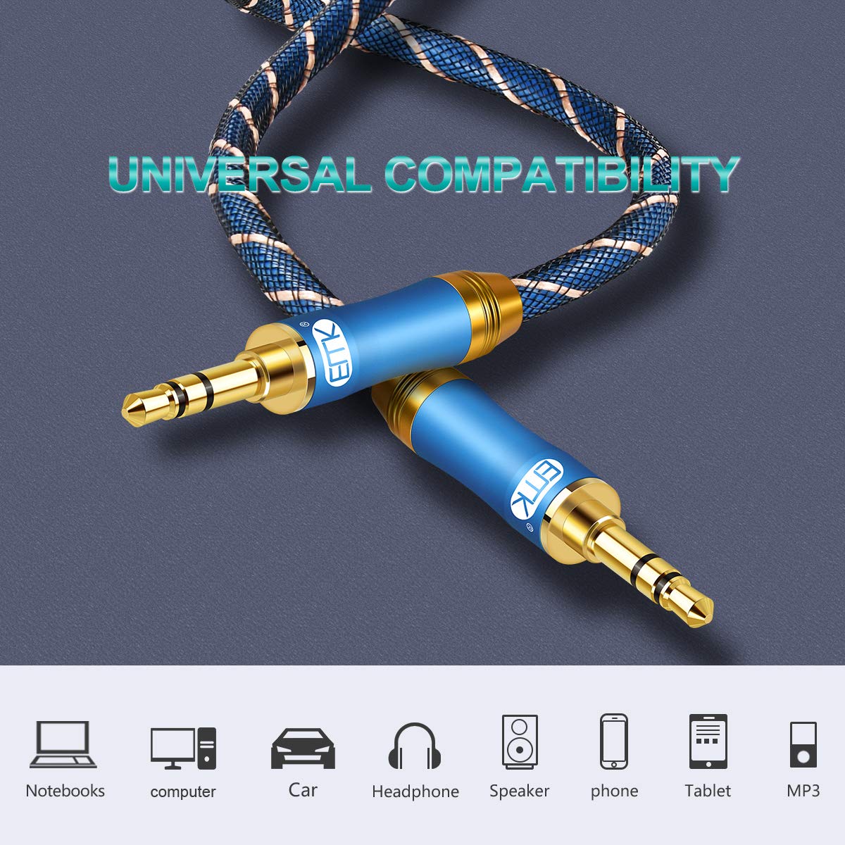 AUX Cable,EMK 3.5mm Nylon Braided Auxiliary Audio Cable [24KGold-Plated,Hi-fi Sound Quality] Tangle-Free AUX Cable for Headphones,Laptop,Phones,Tablets,MP3 Players,Car Stereos and More (3.3ft/1m) - Image 7