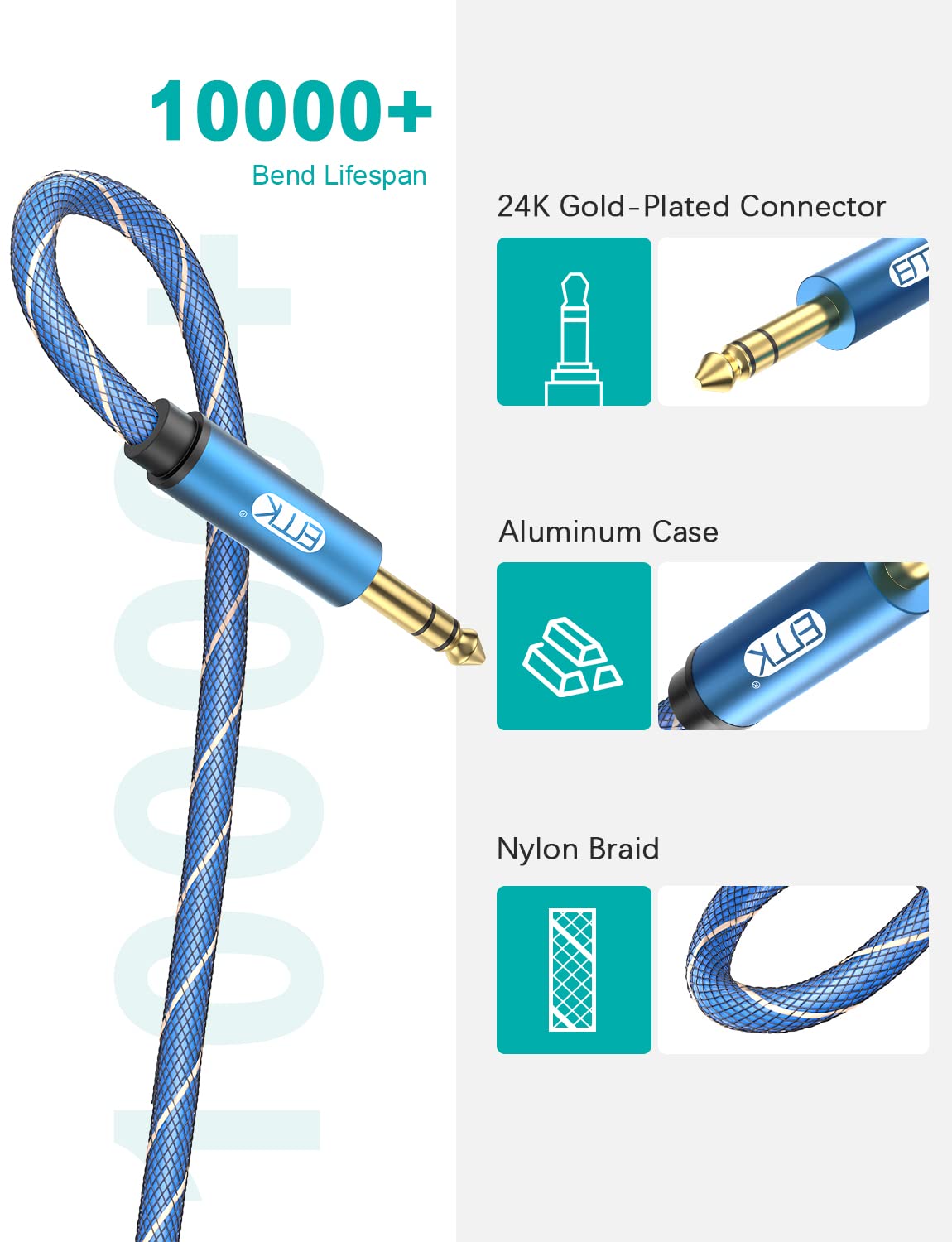 EMK 1/4 inch Extension Cable, 6.35mm 1/4" inch Male to Female Stereo Headphone Guitar Extension Cable Cord, Gold Plated Quarter inch Headphone Extension Cable (10FT/3M) - Image 6