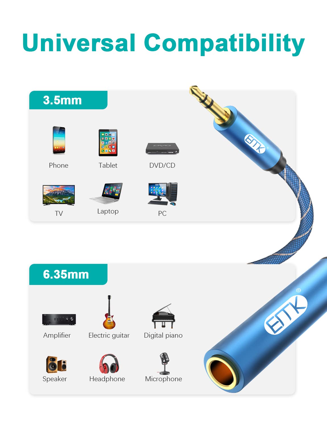 EMK 1/4 to 3.5mm Adapter, 1/4" Female to 1/8" Male Stereo Audio Adapter for Speaker,Amplifiers, Guitar, Home Theater Devices, Laptop, Headphones (1FT/0.3M) - Image 4