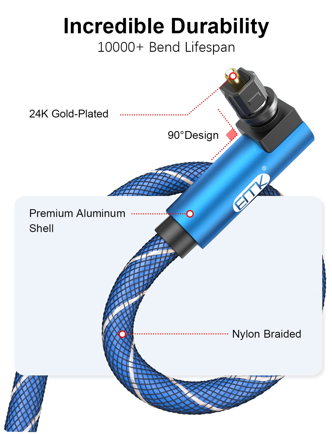 EMK 90 Degree Toslink Optical Cable 360 Degree Free-Rotating Plug Fiber Optic Cable S/PDIF Toslink Male to Male Cable for Home Theater, Sound Bar, TV, PS4, Xbox,Grey (3ft) - Image 5