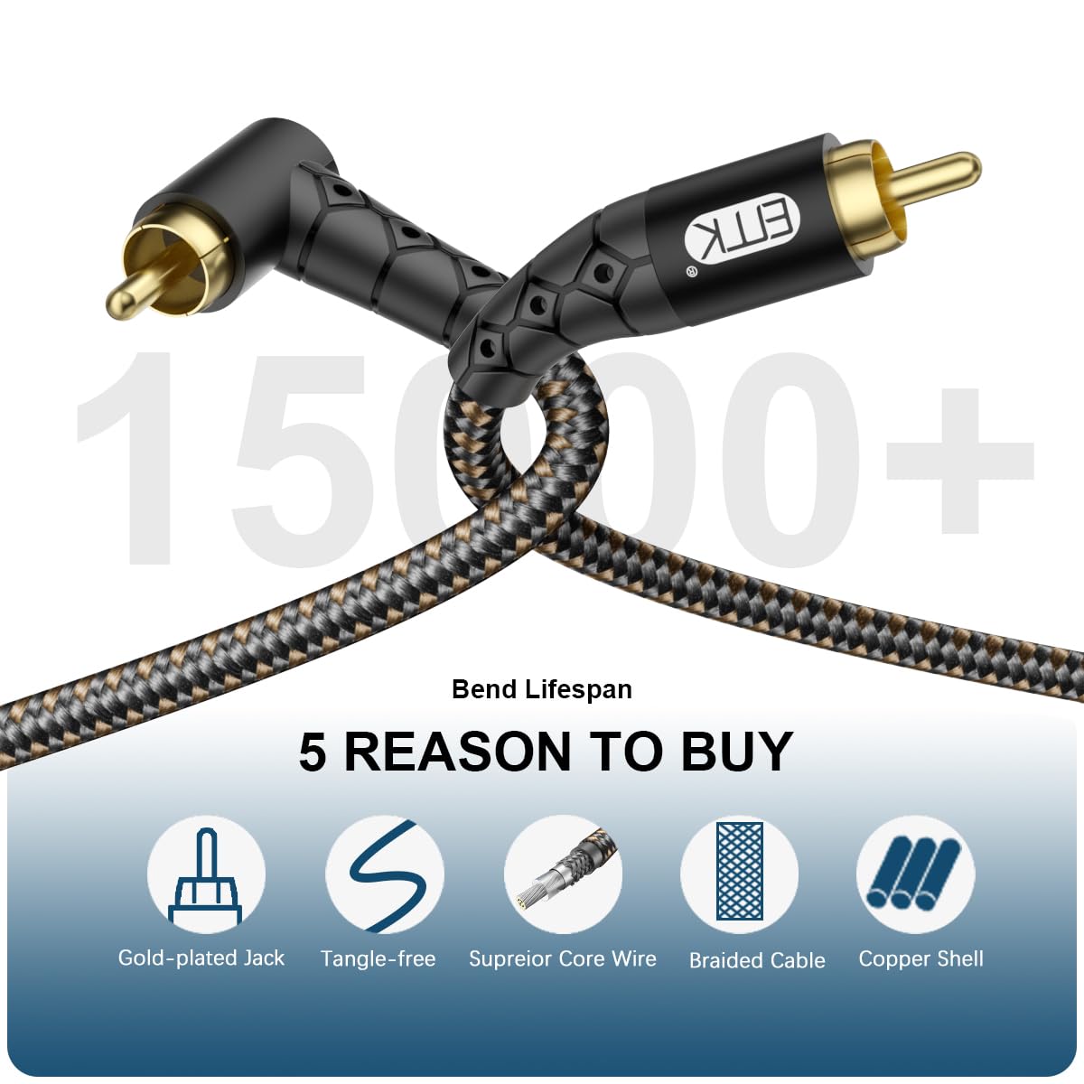 EMK 90 Degree RCA Subwoofer Cable 24K Gold-Plated Connector Nylon Braided Double Shielded – Support Digital & Analog Signals for Amplifier, Home Theater, Hi-Fi System,Subwoofer Black/25ft/8m - Image 5