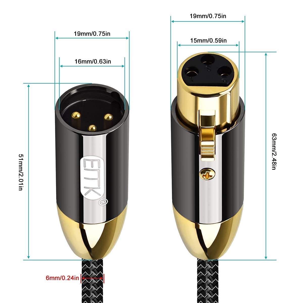 EMK XLR Microphone Cable 3-Pin Balanced (Male to Female) - 6 Ft/2M Professional Audio Cable for Behringer Mixer, Mic Preamplifier, Speaker Systems - Oxygen-Free Copper, Gold-Plated Connectors (Black) - Image 6